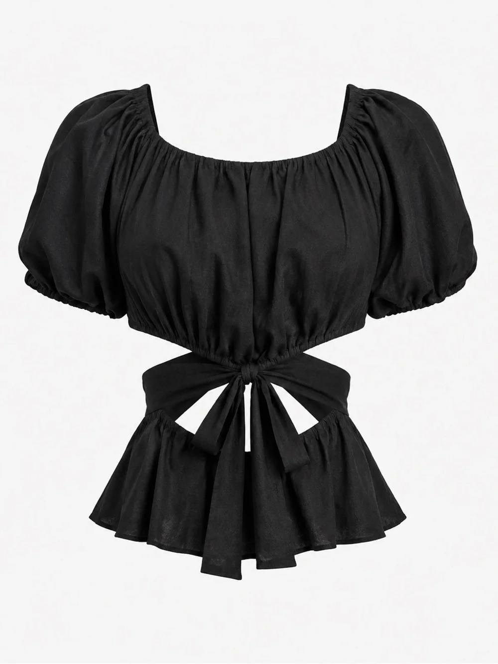 Astr Tassia Black Puff Sleeve Cutout Tie-Back Crop Top